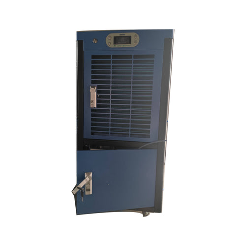 Atmospheric water generator, front view on white background, showing the LCD control panel and full-height intake grille